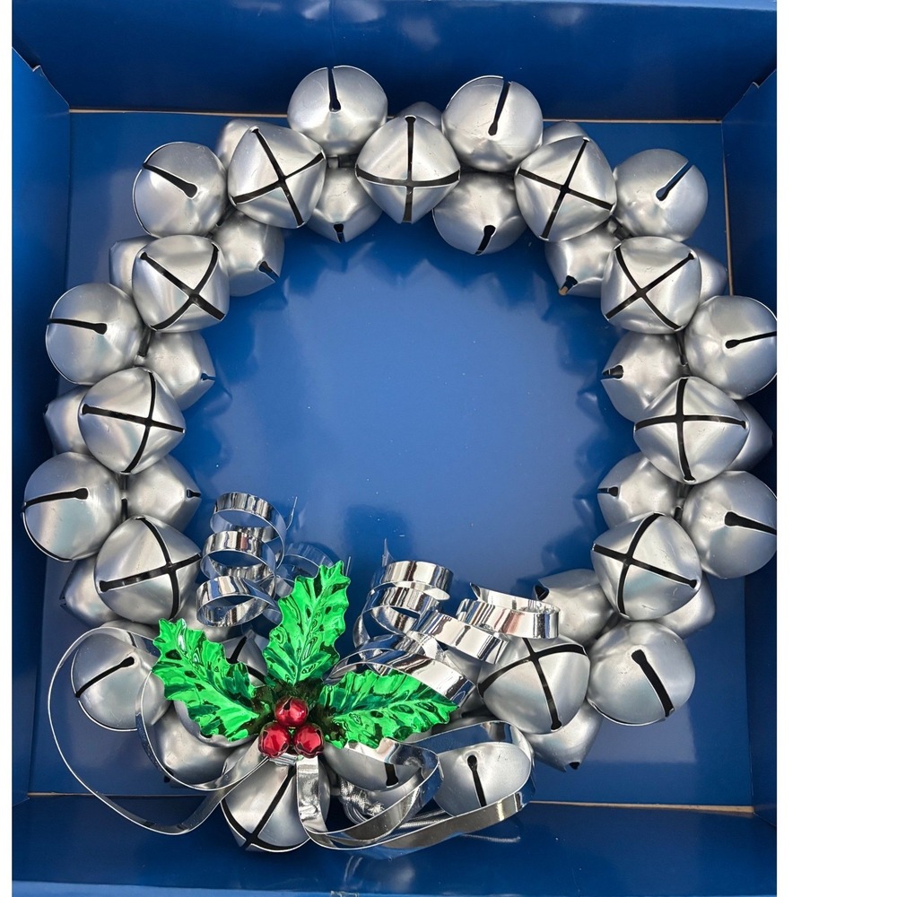 Vtg 2001 Silver Jingle Bell Wreath Christmas Holiday Decor 14 Inch Wall Door